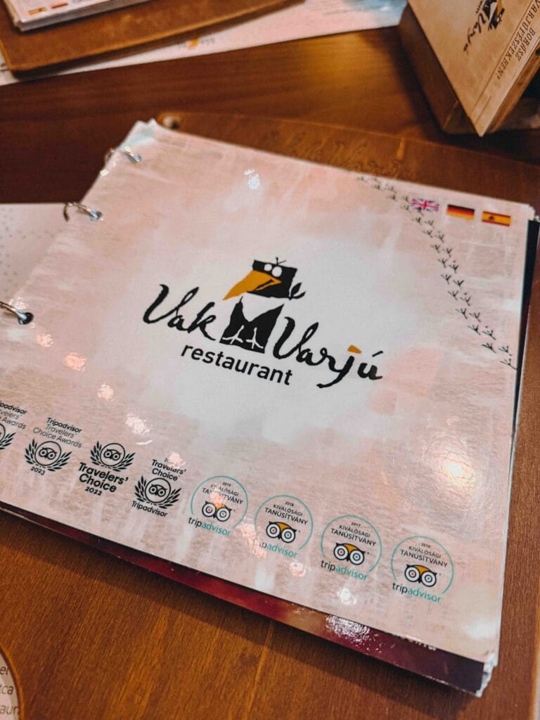A close-up view of the printed menu at VakVarjú restaurant in Budapest, showcasing a variety of Hungarian and international dishes.