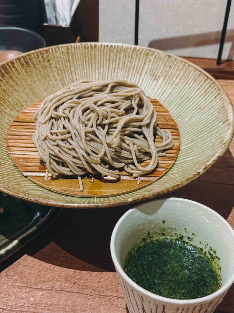 Shiso cold soba noodles with rich perilla herb tsuyu dipping sauce at LILYAN Singapore