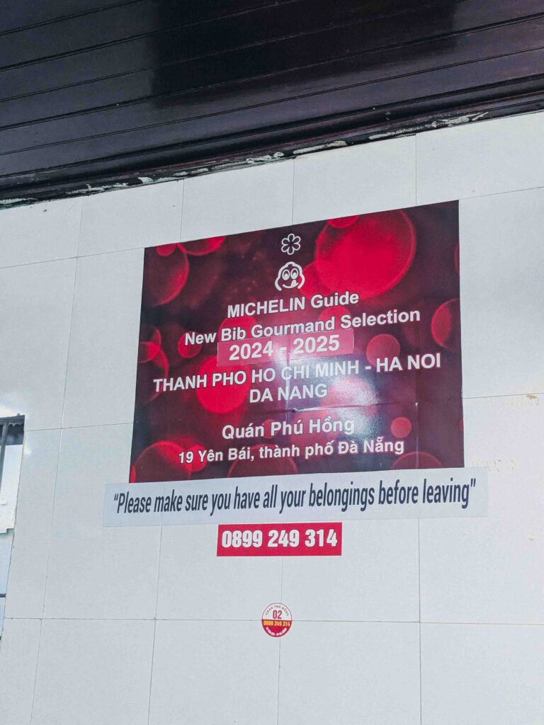 Michelin Guide Bib Gourmand 2024-2025 selection sign for Quán Phú Hồng in Da Nang