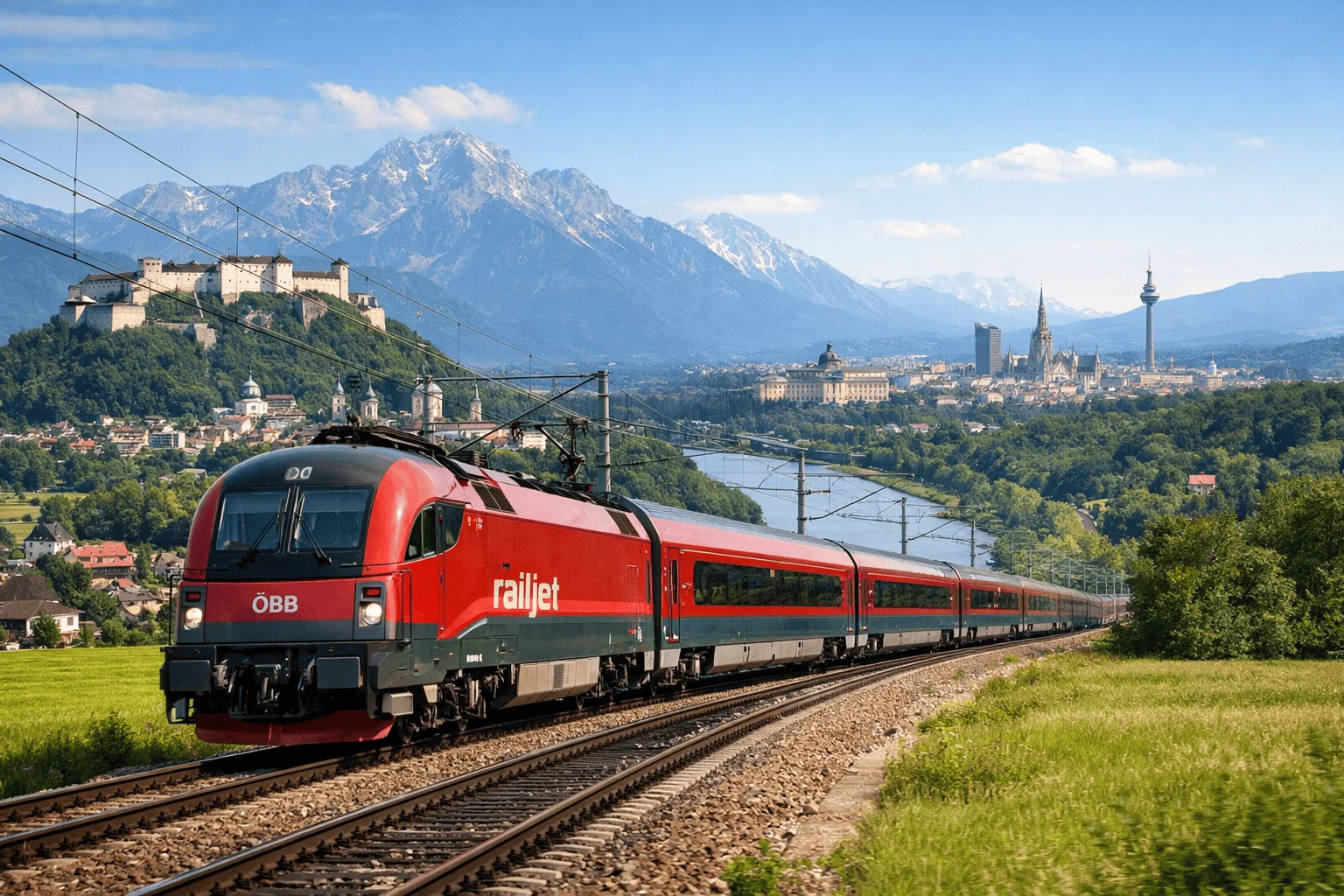 ÖBB Railjet train traveling through the Alps